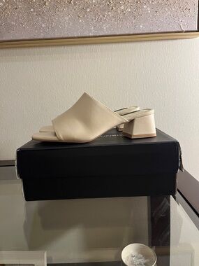 Beige Open-Toe Block Heel Mule